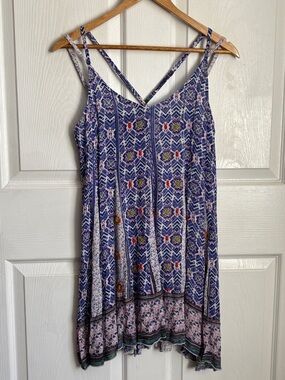 New NWT RAGA Embroidered Boho Blue Pink Floral Printed Mini Dress Strap Detail